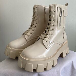 Cream Lace-Up Platform Boots